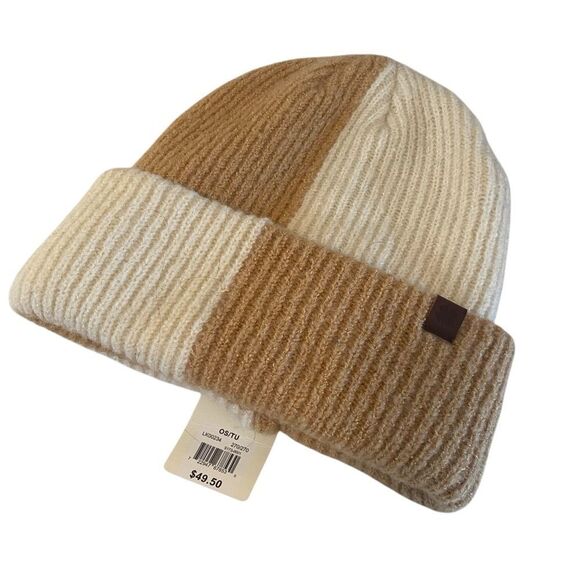 Checkered Color Block Unisex Beanie in Beige & Light Tan. - Picture 3 of 5